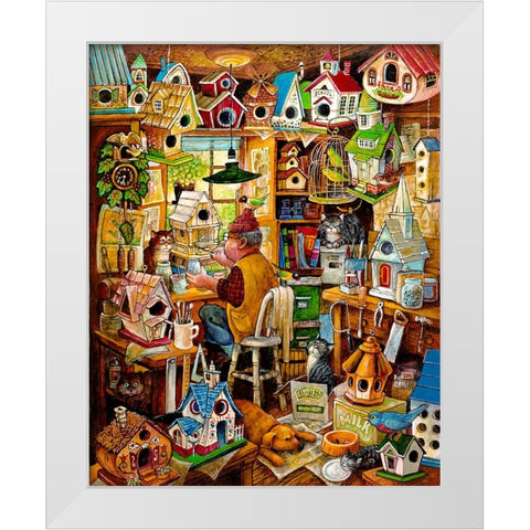 The Birdhouse Man White Modern Wood Framed Art Print by Bell, Bill