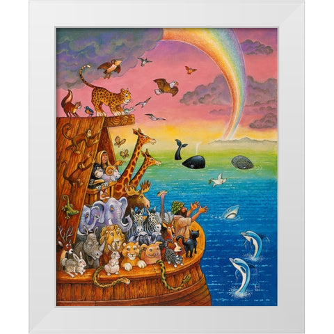 Noah And The Rainbow White Modern Wood Framed Art Print by Bell, Bill