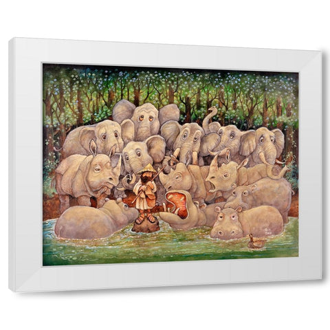 Noah - Elephants-Rhinos-Hippos White Modern Wood Framed Art Print by Bell, Bill