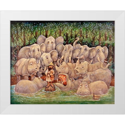 Noah - Elephants-Rhinos-Hippos White Modern Wood Framed Art Print by Bell, Bill