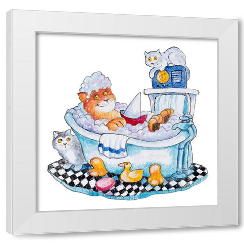 Bubble Bath Cat White Modern Wood Framed Art Print by Bell, Bill
