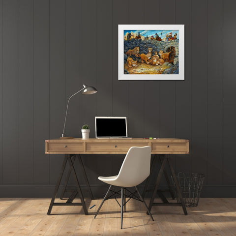 Daniel In Lions Den White Modern Wood Framed Art Print by Bell, Bill