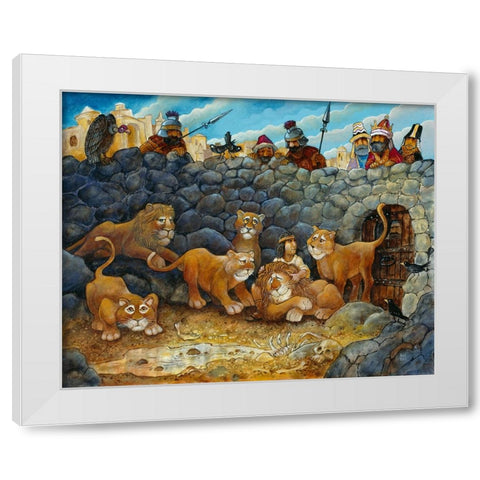 Daniel In Lions Den White Modern Wood Framed Art Print by Bell, Bill
