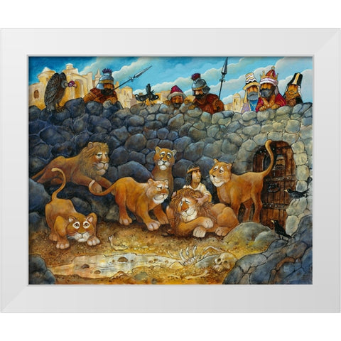 Daniel In Lions Den White Modern Wood Framed Art Print by Bell, Bill