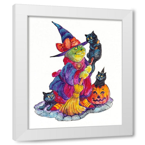 Witchcat With Broom White Modern Wood Framed Art Print by Bell, Bill