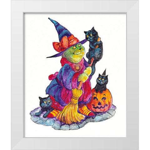 Witchcat With Broom White Modern Wood Framed Art Print by Bell, Bill