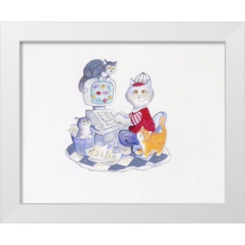 Computer Cat White Modern Wood Framed Art Print by Bell, Bill