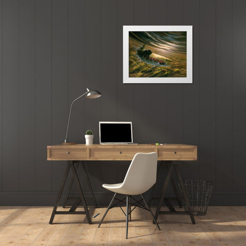 The Chase - Rainbow Trout White Modern Wood Framed Art Print by Langton, Bruce