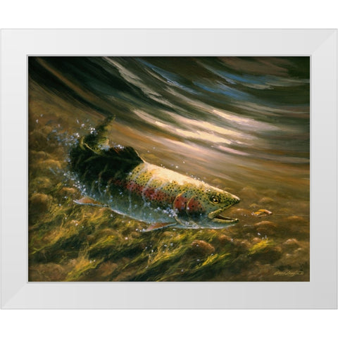 The Chase - Rainbow Trout White Modern Wood Framed Art Print by Langton, Bruce