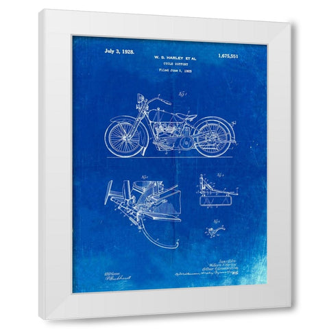 PP10-Faded Blueprint Harley Davidson Model JD Patent Poster White Modern Wood Framed Art Print by Borders, Cole