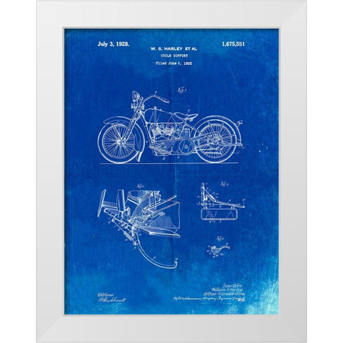 PP10-Faded Blueprint Harley Davidson Model JD Patent Poster White Modern Wood Framed Art Print by Borders, Cole