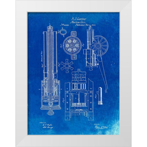 PP23-Faded Blueprint Gatling Gun Patent Poster White Modern Wood Framed Art Print by Borders, Cole
