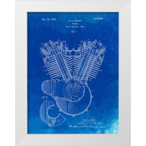 PP24-Faded Blueprint Harley Davidson Engine 1919 Patent Poster White Modern Wood Framed Art Print by Borders, Cole