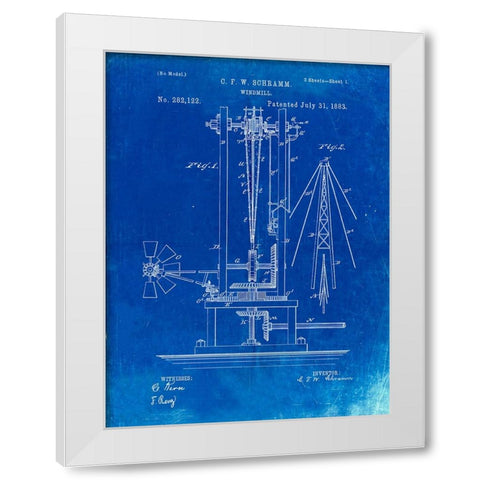 PP26-Faded Blueprint Windmill 1883 Patent Poster White Modern Wood Framed Art Print by Borders, Cole