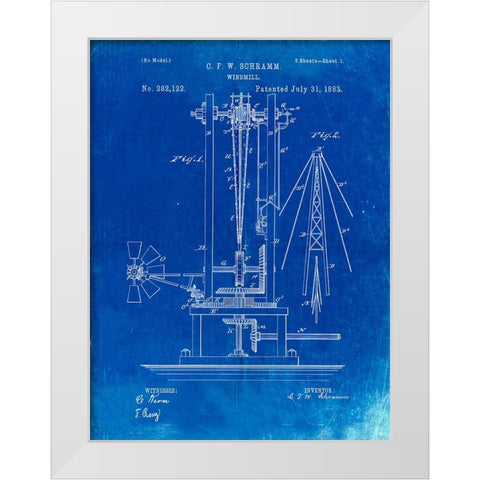 PP26-Faded Blueprint Windmill 1883 Patent Poster White Modern Wood Framed Art Print by Borders, Cole