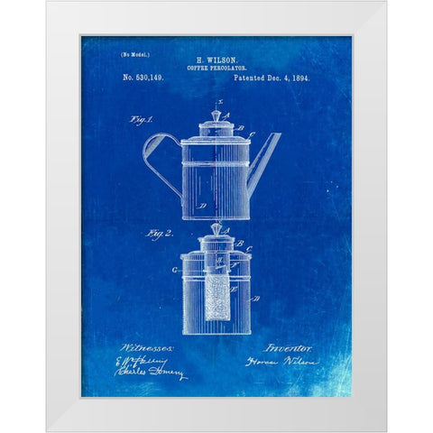 PP27-Faded Blueprint Coffee 2 Part Percolator 1894 Patent Poster White Modern Wood Framed Art Print by Borders, Cole