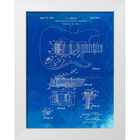 PP46-Faded Blueprint Fender Guitar Tremolo Poster White Modern Wood Framed Art Print by Borders, Cole