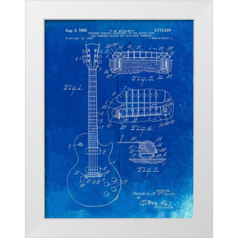 PP47-Faded Blueprint Gibson Les Paul Guitar Patent Poster White Modern Wood Framed Art Print by Borders, Cole
