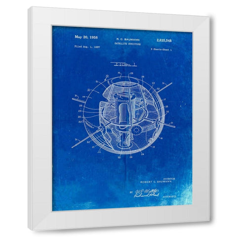 PP52-Faded Blueprint Earth Satellite Patent Poster White Modern Wood Framed Art Print by Borders, Cole