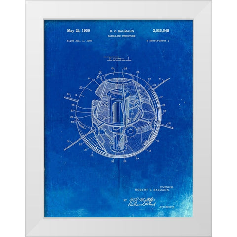 PP52-Faded Blueprint Earth Satellite Patent Poster White Modern Wood Framed Art Print by Borders, Cole