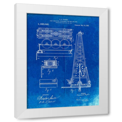 PP66-Faded Blueprint Howard Hughes Oil Drilling Rig Patent Poster White Modern Wood Framed Art Print by Borders, Cole