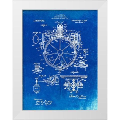 PP67-Faded Blueprint Gyrocompass Patent Poster White Modern Wood Framed Art Print by Borders, Cole