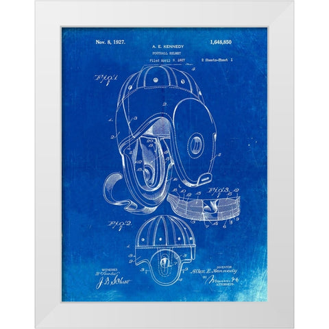 PP73-Faded Blueprint Football Leather Helmet 1927 Patent Poster White Modern Wood Framed Art Print by Borders, Cole
