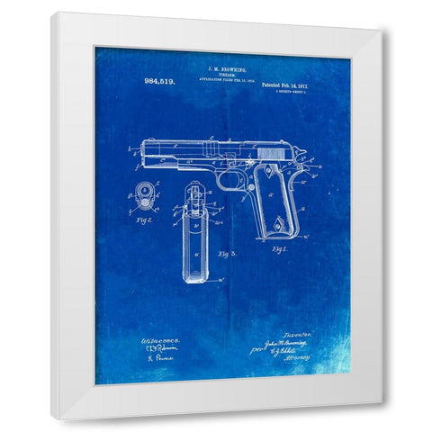 PP76-Faded Blueprint Colt 1911 Semi-Automatic Pistol Patent Poster White Modern Wood Framed Art Print by Borders, Cole