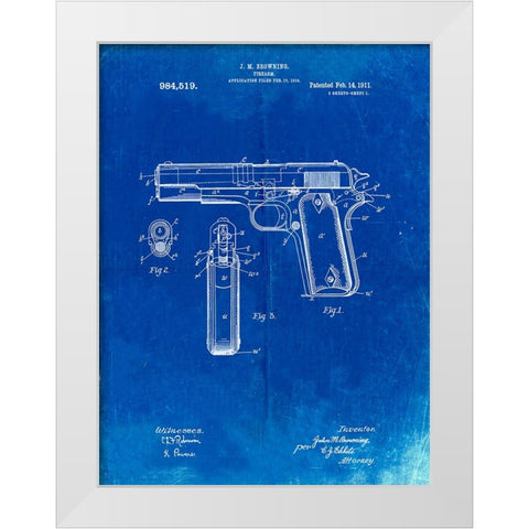 PP76-Faded Blueprint Colt 1911 Semi-Automatic Pistol Patent Poster White Modern Wood Framed Art Print by Borders, Cole