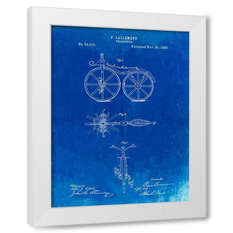 PP77-Faded Blueprint First Bicycle 1866 Patent Poster White Modern Wood Framed Art Print by Borders, Cole