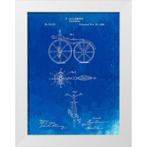 PP77-Faded Blueprint First Bicycle 1866 Patent Poster White Modern Wood Framed Art Print by Borders, Cole