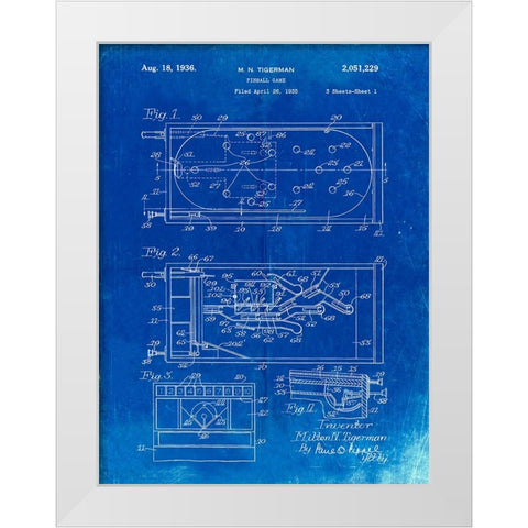 PP79-Faded Blueprint Pin Ball Machine Patent Poster White Modern Wood Framed Art Print by Borders, Cole