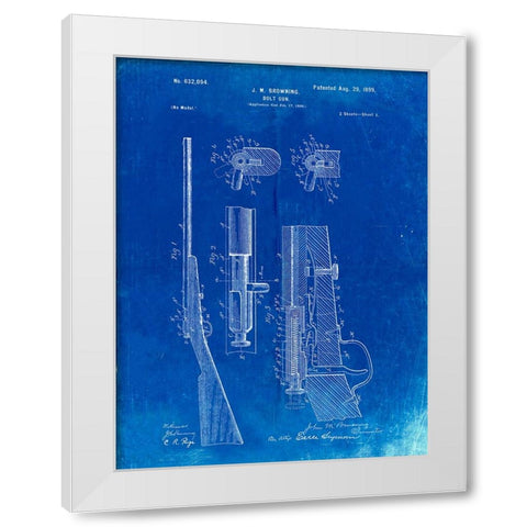 PP93-Faded Blueprint Browning Bolt Action Gun Patent Poster White Modern Wood Framed Art Print by Borders, Cole