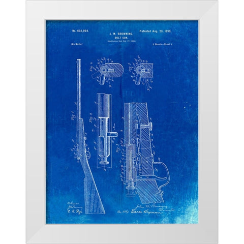 PP93-Faded Blueprint Browning Bolt Action Gun Patent Poster White Modern Wood Framed Art Print by Borders, Cole