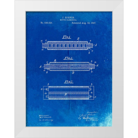 PP94-Faded Blueprint Hohner Harmonica Patent Poster White Modern Wood Framed Art Print by Borders, Cole