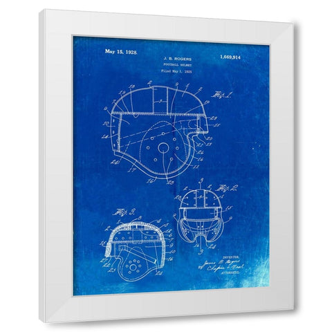 PP218-Faded Blueprint Football Helmet 1925 Patent Poster White Modern Wood Framed Art Print by Borders, Cole