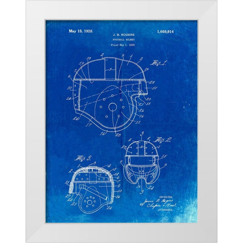 PP218-Faded Blueprint Football Helmet 1925 Patent Poster White Modern Wood Framed Art Print by Borders, Cole