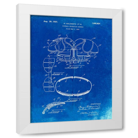 PP219-Faded Blueprint Football Shoulder Pads 1925 Patent Poster White Modern Wood Framed Art Print by Borders, Cole