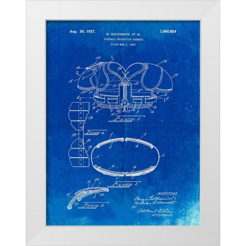 PP219-Faded Blueprint Football Shoulder Pads 1925 Patent Poster White Modern Wood Framed Art Print by Borders, Cole