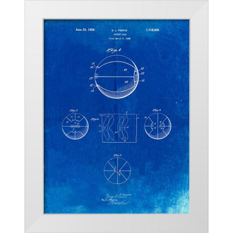 PP222-Faded Blueprint Basketball 1929 Game Ball Patent Poster White Modern Wood Framed Art Print by Borders, Cole