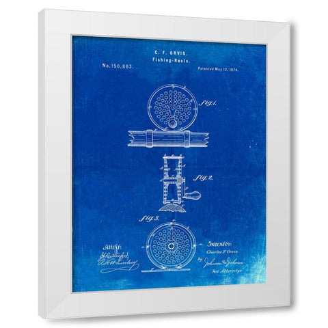PP225-Faded Blueprint Orvis 1874 Fly Fishing Reel Patent Poster White Modern Wood Framed Art Print by Borders, Cole