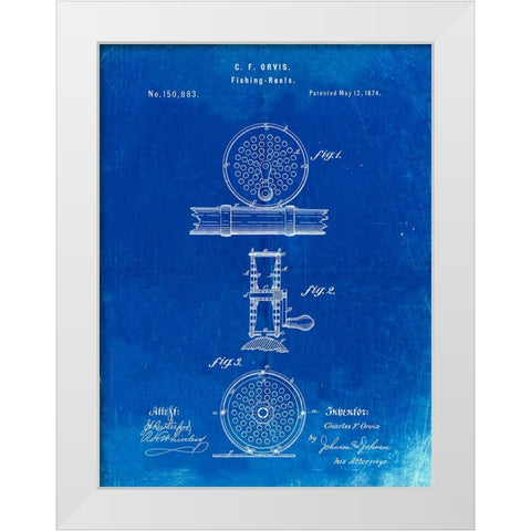 PP225-Faded Blueprint Orvis 1874 Fly Fishing Reel Patent Poster White Modern Wood Framed Art Print by Borders, Cole