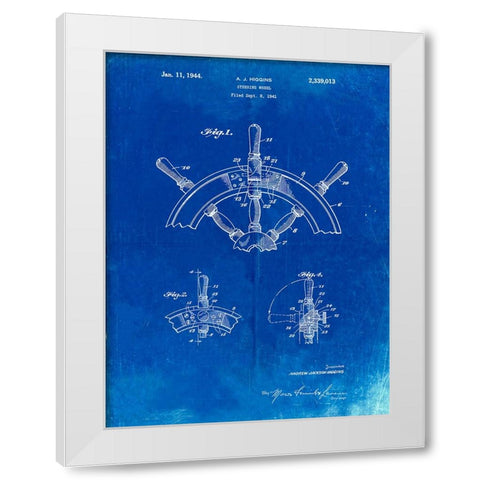 PP228-Faded Blueprint Ship Steering Wheel Patent Poster White Modern Wood Framed Art Print by Borders, Cole