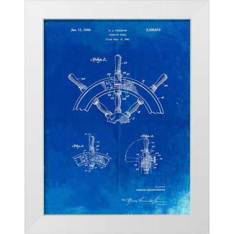 PP228-Faded Blueprint Ship Steering Wheel Patent Poster White Modern Wood Framed Art Print by Borders, Cole