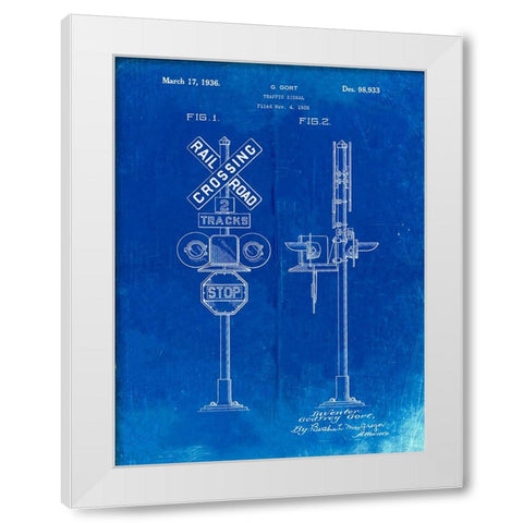 PP231-Faded Blueprint Railroad Crossing Signal Patent Poster White Modern Wood Framed Art Print by Borders, Cole
