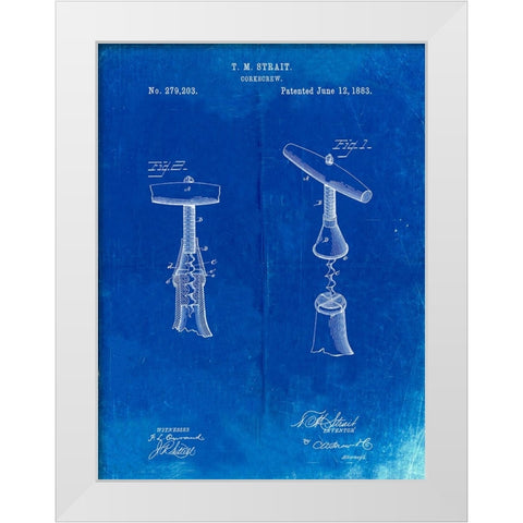 PP235-Faded Blueprint Corkscrew 1883 Patent Poster White Modern Wood Framed Art Print by Borders, Cole