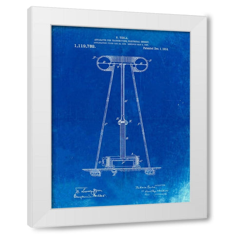 PP241-Faded Blueprint Tesla Energy Transmitter Patent Poster White Modern Wood Framed Art Print by Borders, Cole