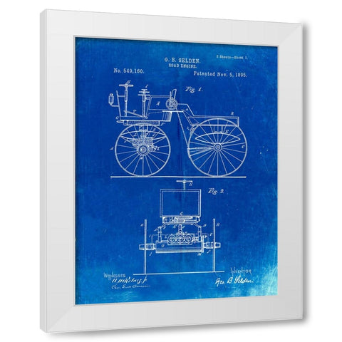PP243-Faded Blueprint Motor Buggy 1895 Patent Print White Modern Wood Framed Art Print by Borders, Cole