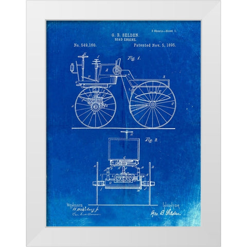 PP243-Faded Blueprint Motor Buggy 1895 Patent Print White Modern Wood Framed Art Print by Borders, Cole