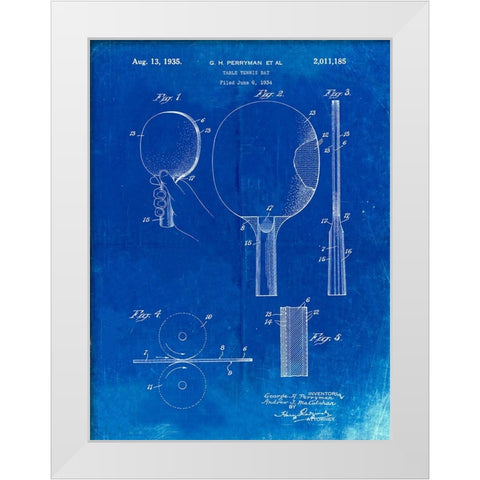PP250-Faded Blueprint Ping Pong Paddle Patent Poster White Modern Wood Framed Art Print by Borders, Cole